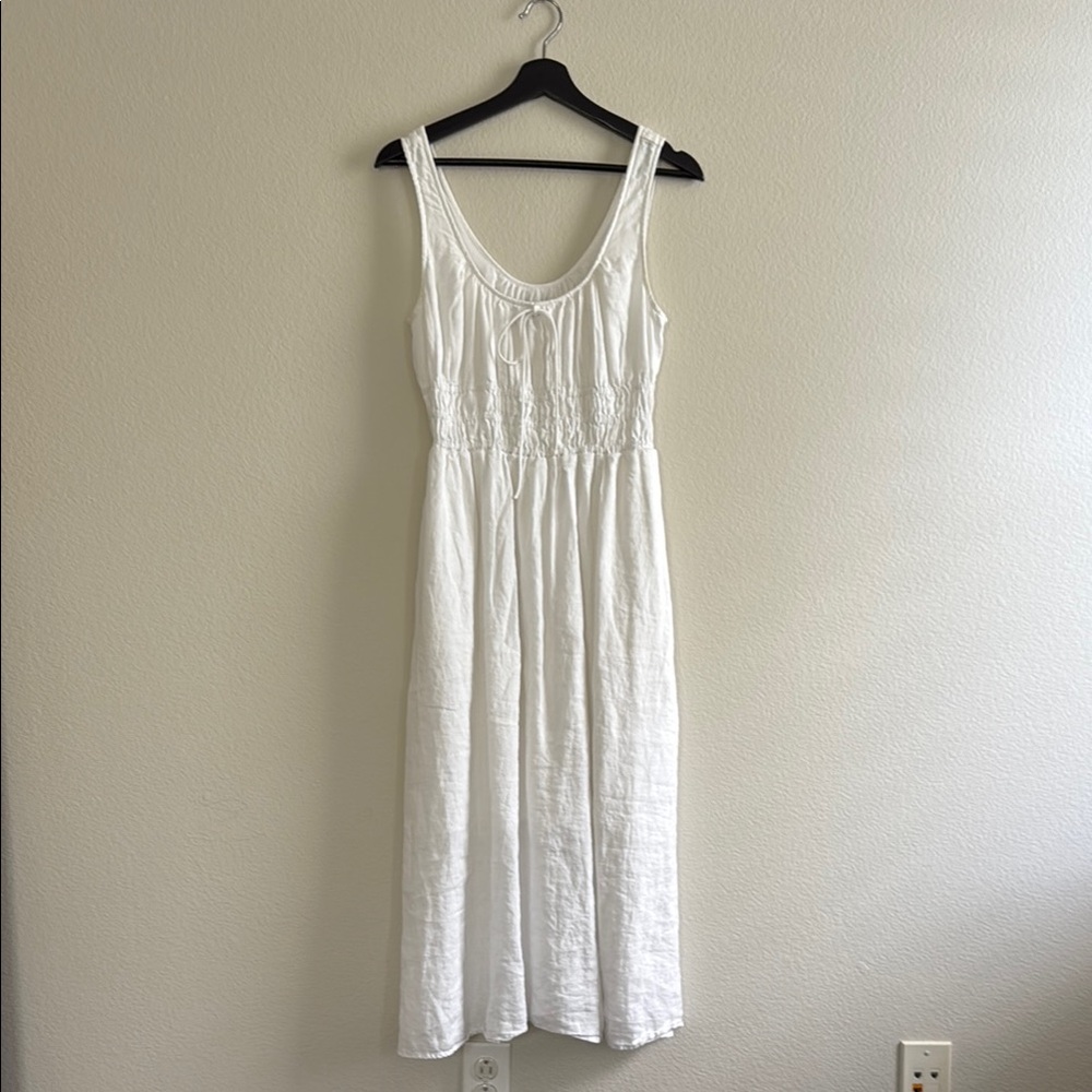 Jcrew Smocked midi dress in linen with pockets